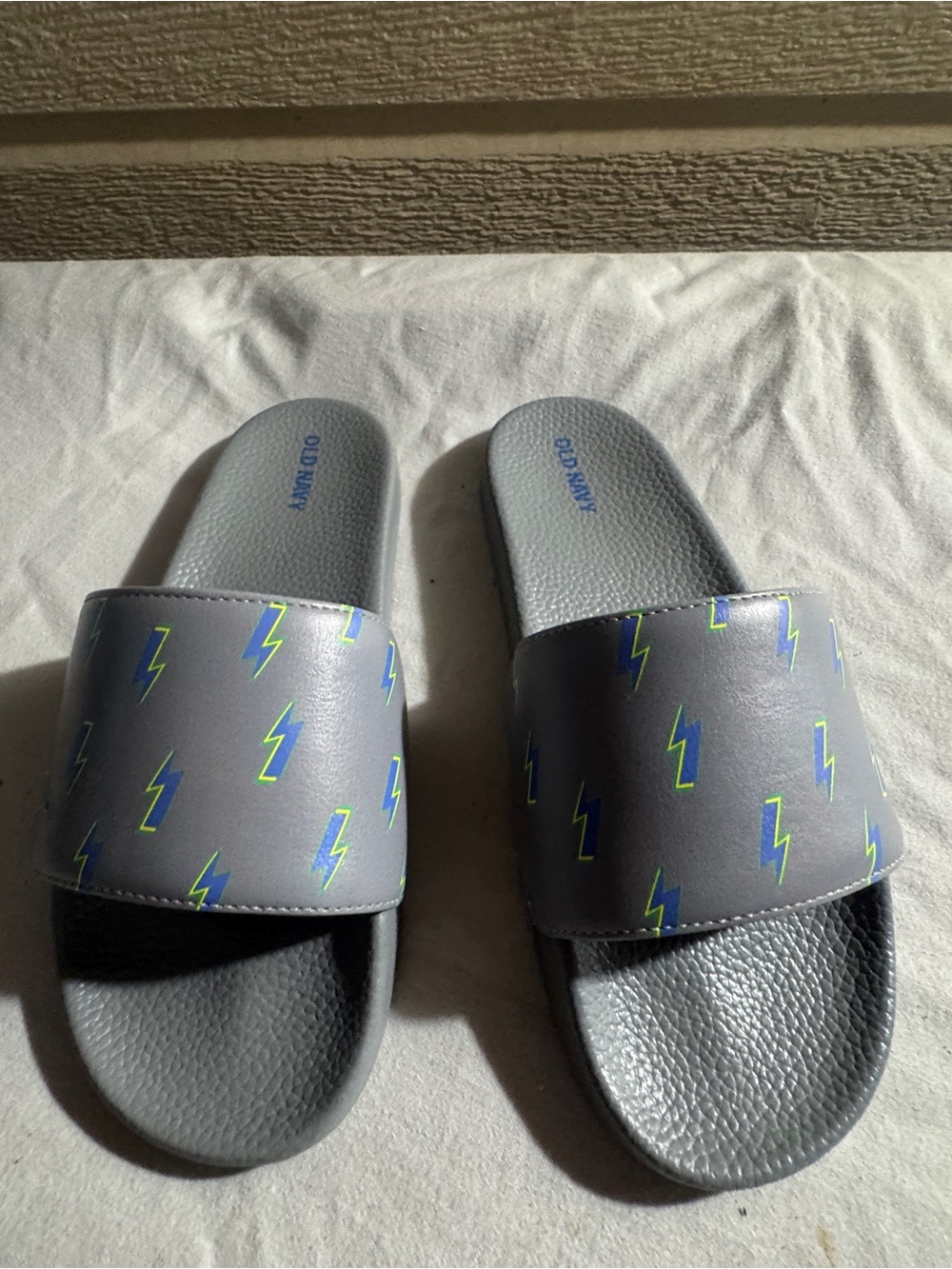 Old Navy Gray Slides with Neon Blue and Lime Lightning Bolts size 5-6
